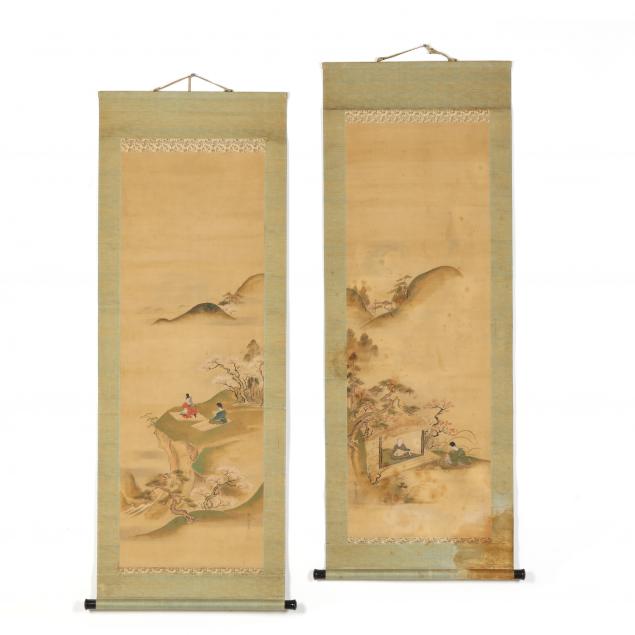 two-japanese-hanging-scrolls-of-court-nobles-in-landscape