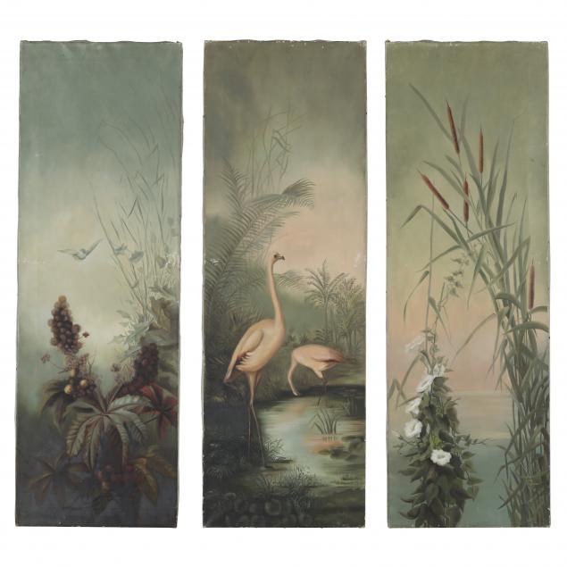 an-antique-triptych-of-flamingos-in-a-tropical-landscape