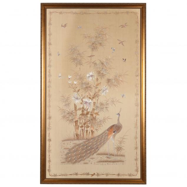 a-large-asian-silk-embroidered-panel-with-a-peacock-peonies-and-bamboo