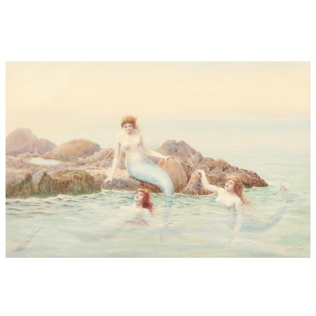 louis-neville-british-1852-1919-watercolor-of-mermaids-at-shore