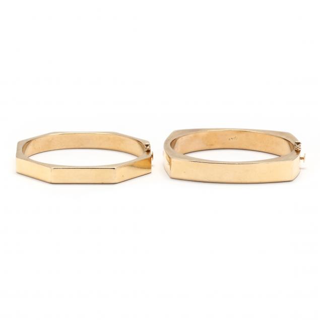 two-geometric-motif-gold-bangle-bracelets