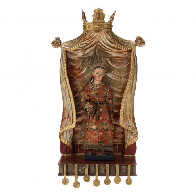 spanish-carved-figure-of-a-female-saint-within-giltwood-shrine