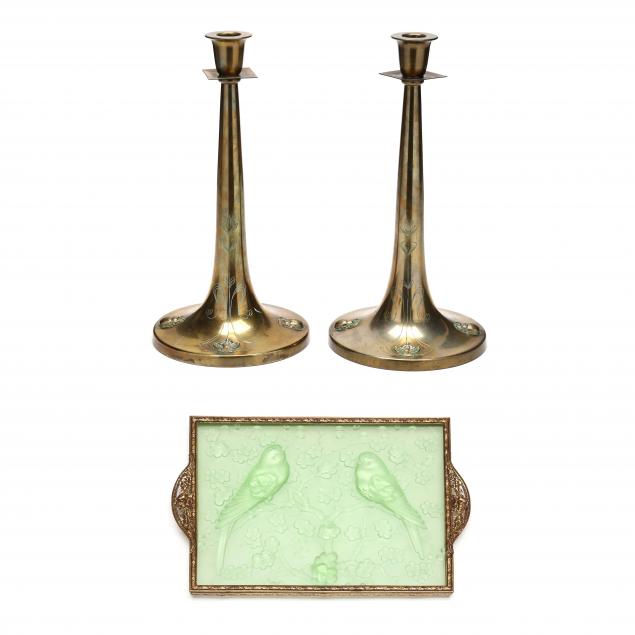 pair-of-art-nouveau-brass-candlesticks-and-glass-tray