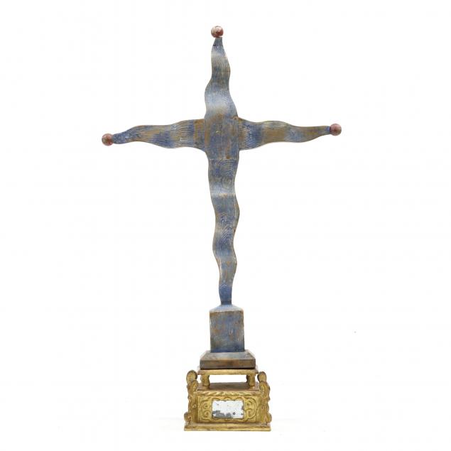 a-large-spanish-folk-carved-cross-on-giltwood-stand