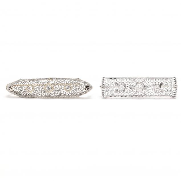 two-vintage-white-gold-and-diamond-bar-brooches