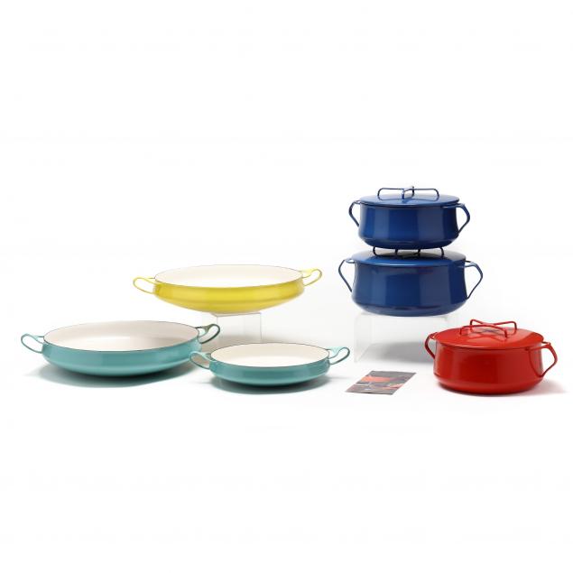 jens-quistgaard-denmark-1919-2008-six-pieces-of-enamel-cookware-for-dansk