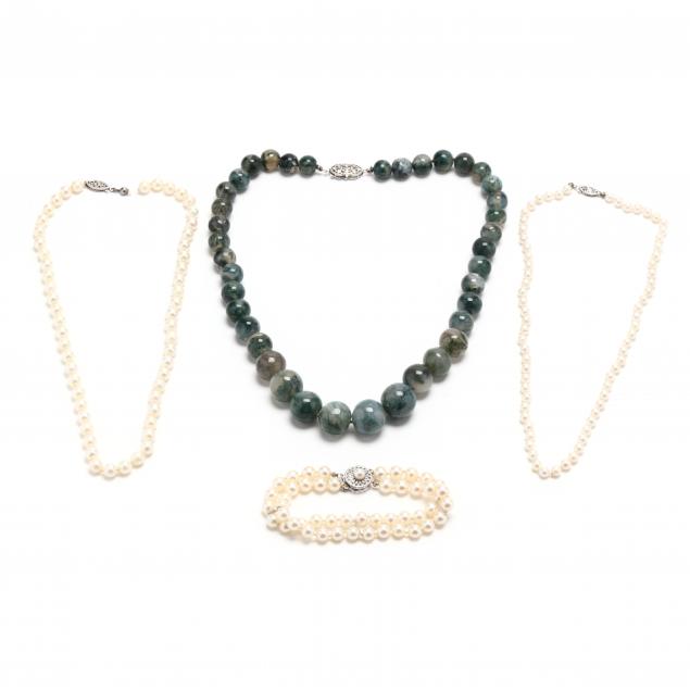 three-pearl-items-and-a-moss-agate-bead-necklace