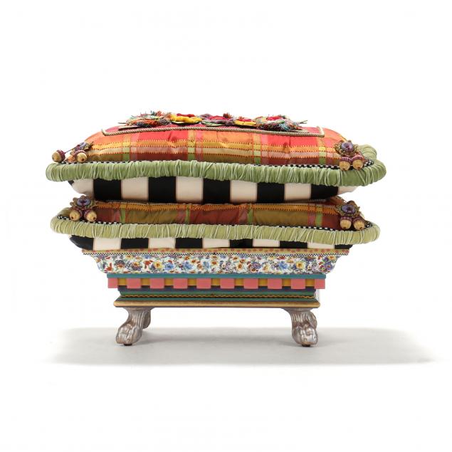 mackenzie-childs-painted-stool-and-two-pillows