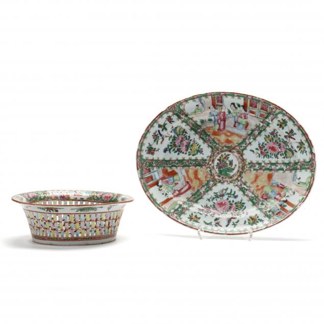 a-chinese-export-porcelain-rose-medallion-platter-and-chestnut-basket