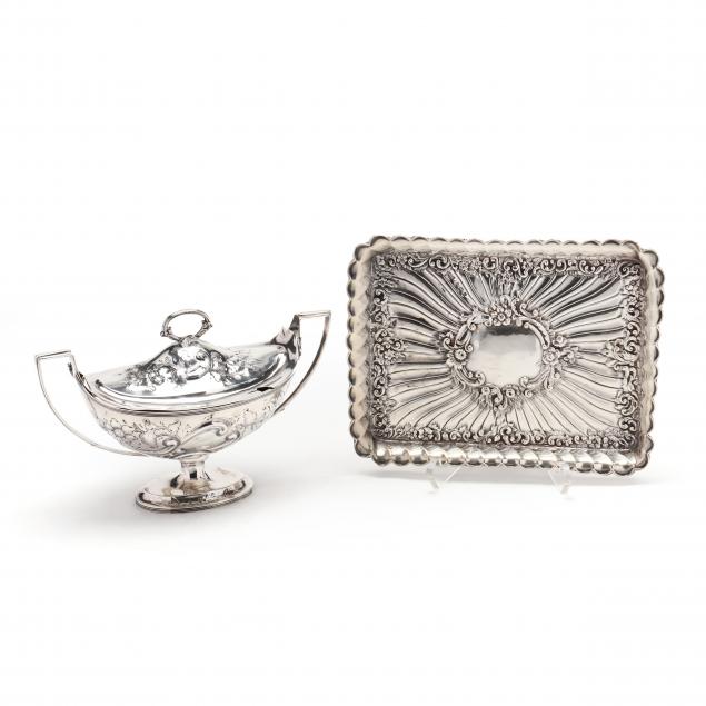 a-victorian-silver-sauce-tureen-and-edwardian-silver-dresser-tray