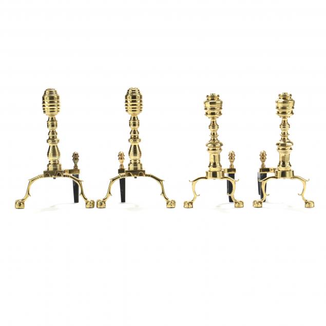 two-pair-of-virginia-metalcrafters-brass-andirons