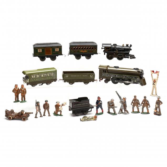 two-pre-war-tinplate-train-partial-sets-some-military-figures