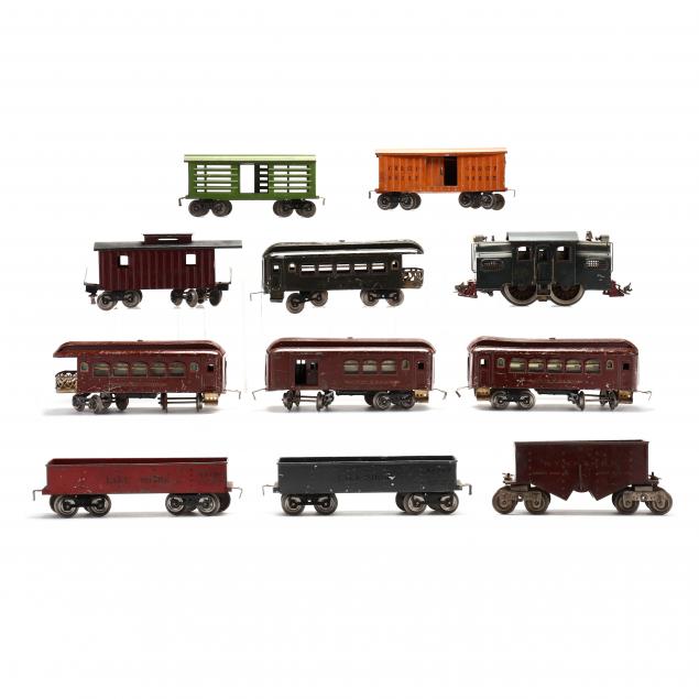 an-assortment-of-eleven-pre-war-lionel-cars-and-engine