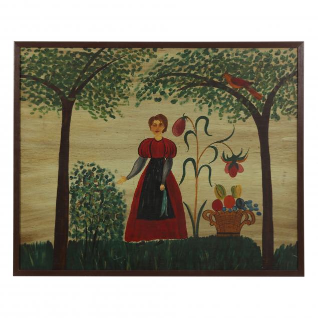 american-folk-art-painting-girl-in-red-with-flowers-and-a-bird