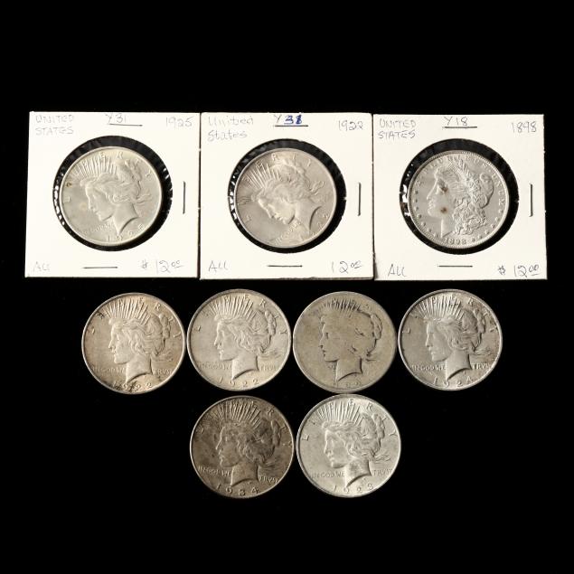 one-morgan-dollar-and-eight-peace-dollars