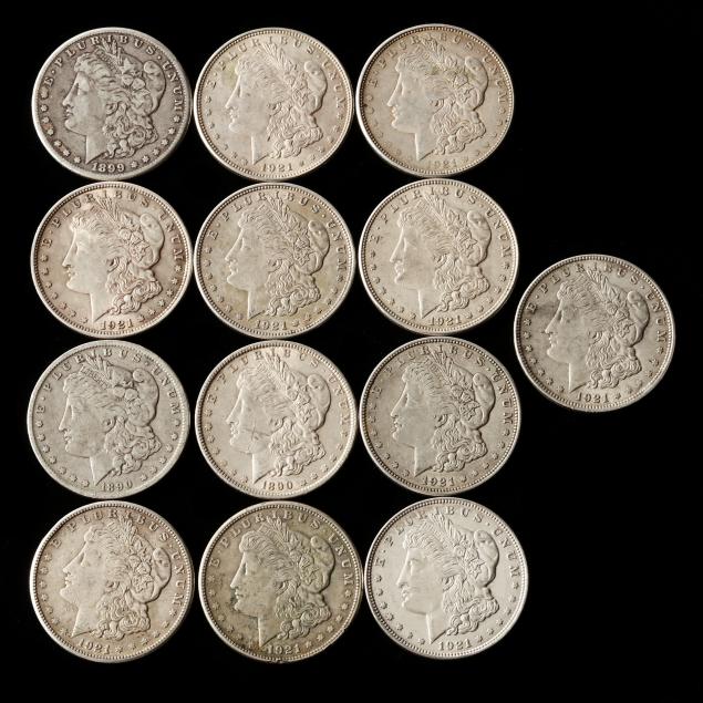 thirteen-13-circulated-morgan-silver-dollars-various-dates-mostly-1921