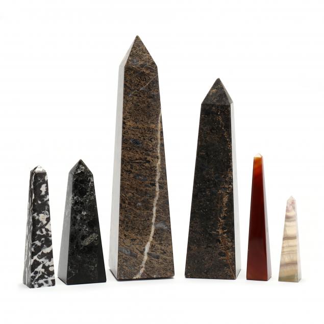 a-grouping-of-six-assorted-hardstone-obelisks