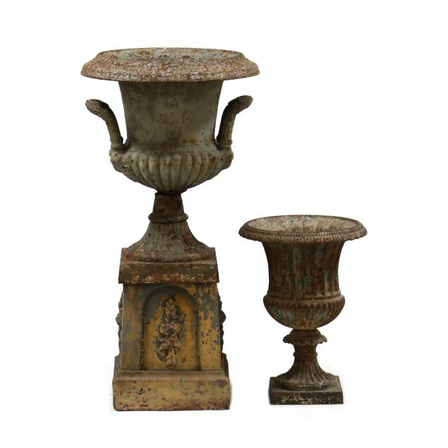 two-antique-classical-style-cast-iron-garden-urns