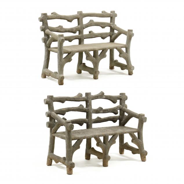 pair-of-faux-bois-cast-stone-garden-benches