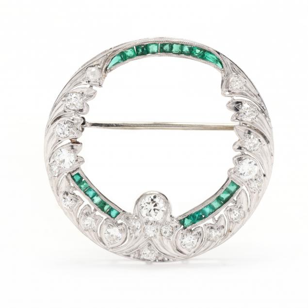 art-deco-platinum-diamond-and-emerald-circle-brooch