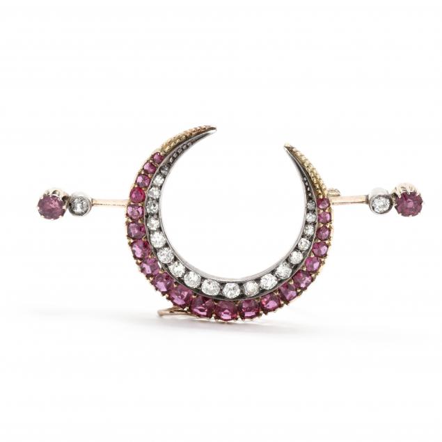 antique-silver-topped-gold-diamond-and-ruby-crescent-brooch-pendant