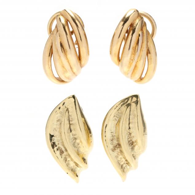 two-pairs-of-gold-earrings-signed