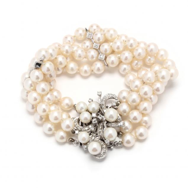 multi-strand-pearl-bracelet-with-white-gold-and-diamond-set-clasp