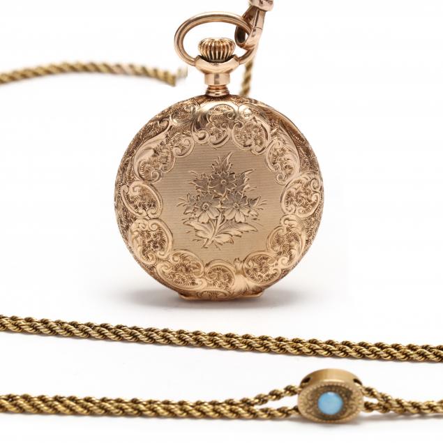 lady-s-antique-gold-pocket-watch-and-gold-filled-chain-with-slide-american-waltham