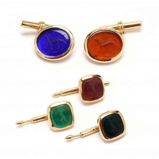 gold-and-multi-color-venetian-glass-intaglio-cufflink-and-stud-set-elizabeth-locke