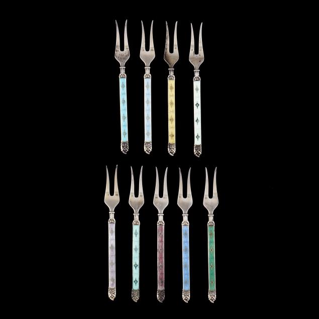 a-set-of-nine-enameled-sterling-silver-snail-forks