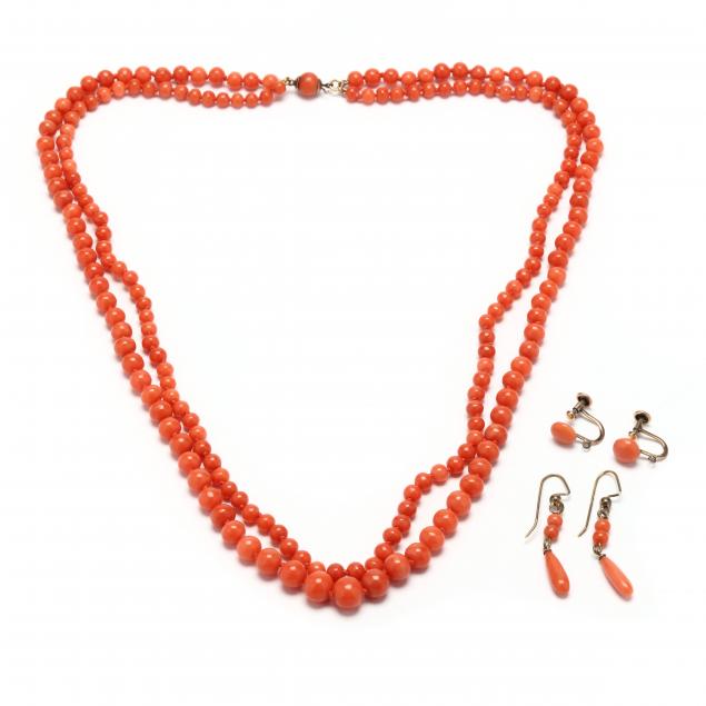 vintage-coral-necklace-and-two-pairs-of-earrings