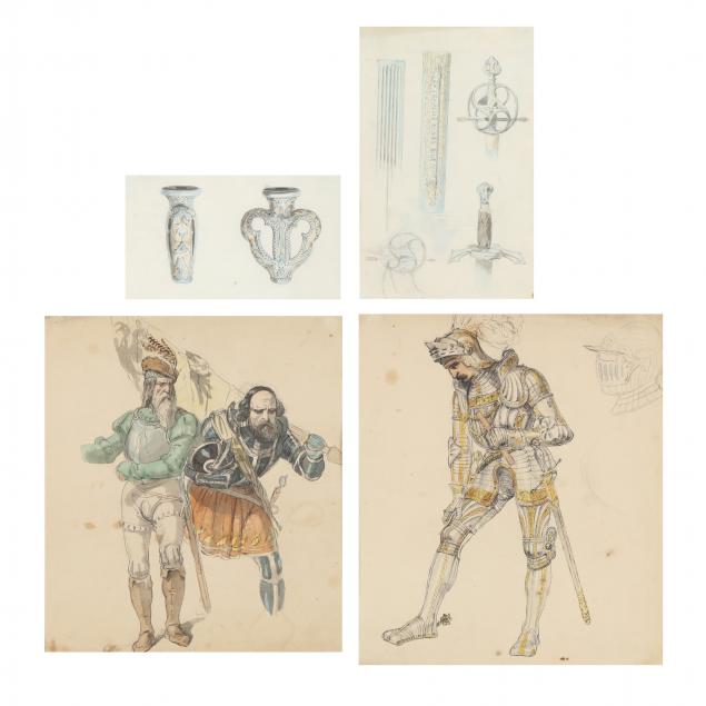 four-pen-ink-watercolor-and-graphite-studies-of-renaissance-militaria