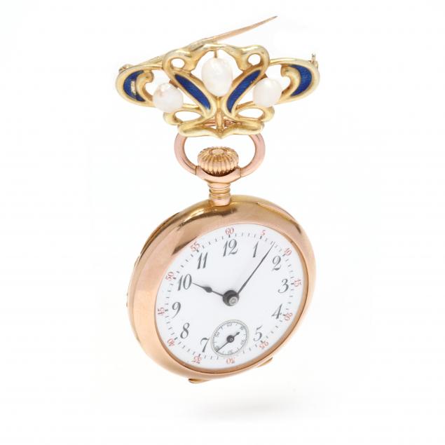 lady-s-vintage-gold-and-enamel-open-face-pocket-watch-and-gold-watch-brooch