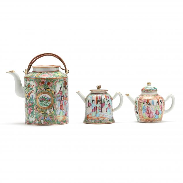three-chinese-porcelain-rose-medallion-tea-pots