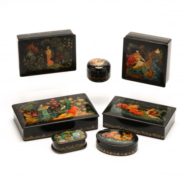 palekh-school-seven-vintage-russian-lacquer-art-boxes