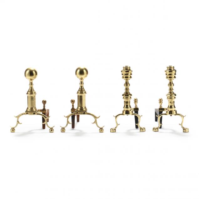 two-pairs-of-signed-chippendale-style-brass-andirons