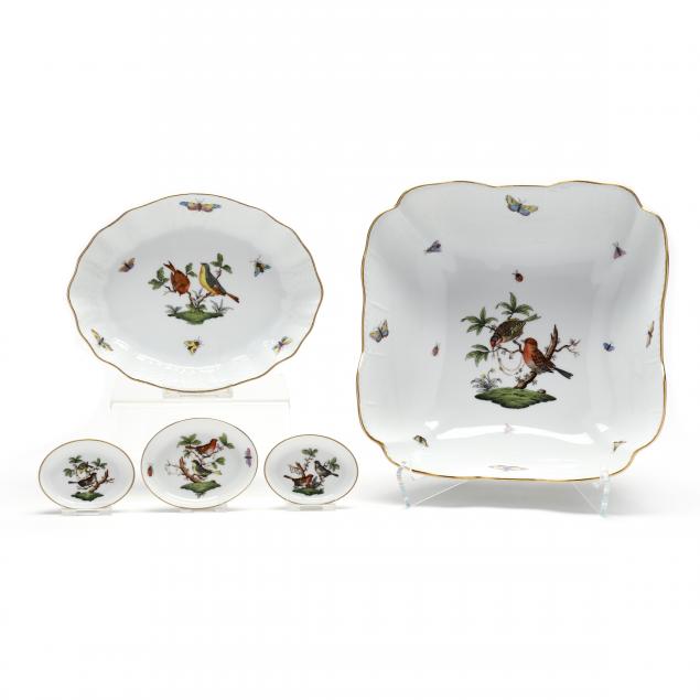 herend-i-rothschild-bird-i-porcelain-salad-bowl-and-four-small-trays