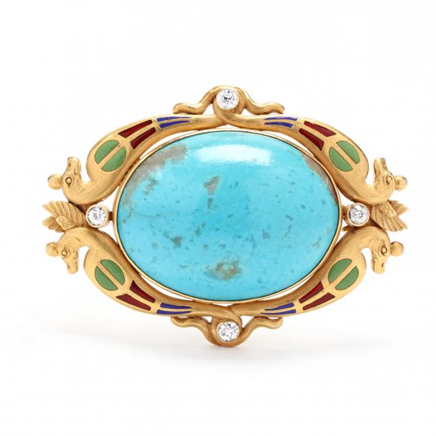 egyptian-revival-gold-turquoise-diamond-and-enamel-brooch