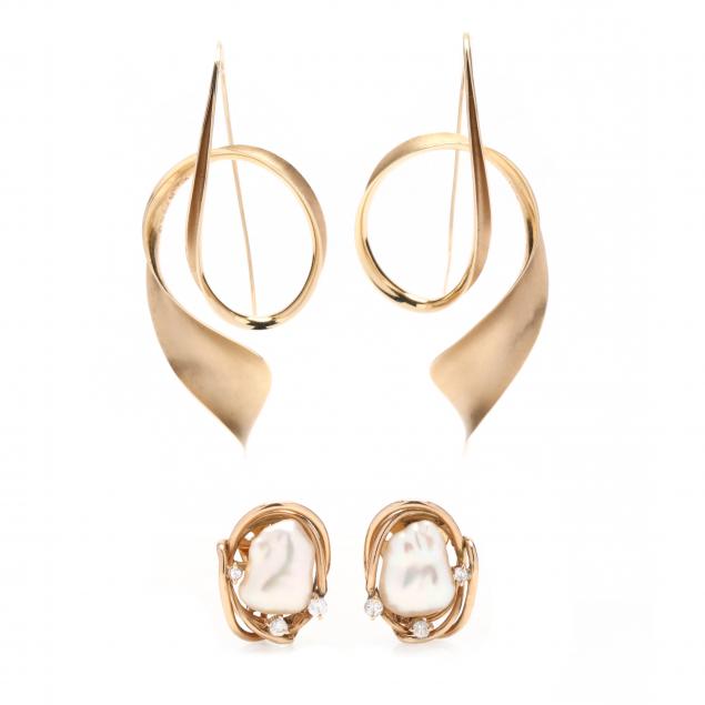 pair-of-gold-earrings-by-michael-good-and-a-pair-of-pearl-and-diamond-earrings