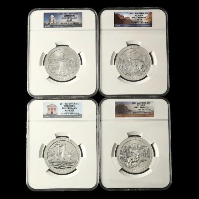 four-2011-america-s-national-treasures-5-oz-silver-25c-ngc-ms69-early-releases
