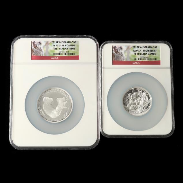 australia-two-s8-5-oz-999-silver-koalas-2011p-and-2013p-high-relief