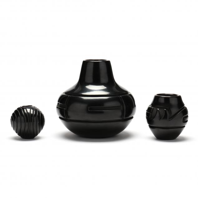 three-carved-blackware-pots-santa-clara-pueblo
