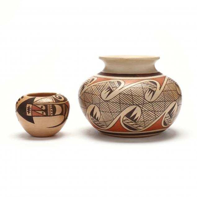 fannie-nampeyo-hopi-1900-1987-polychrome-pottery-jar-and-small-bowl