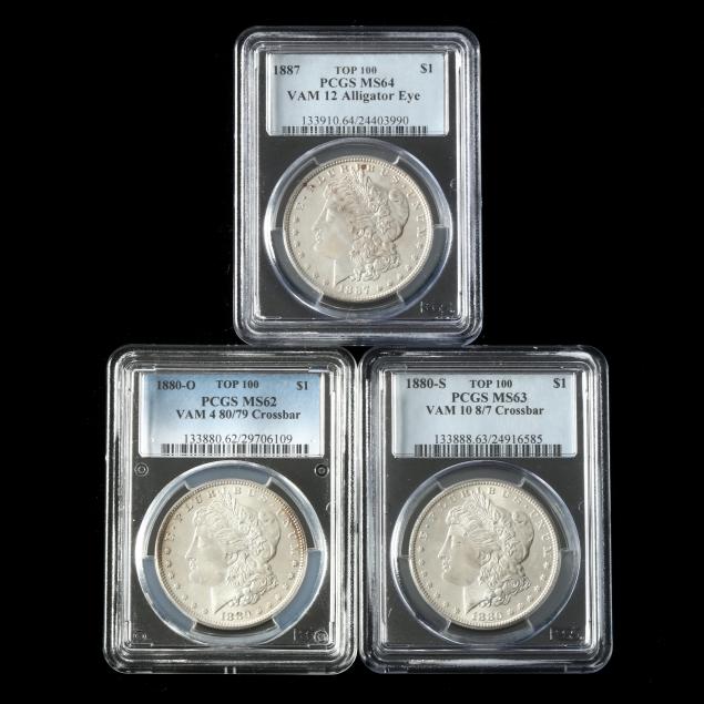 three-pcgs-graded-vam-top-100-morgan-silver-dollars