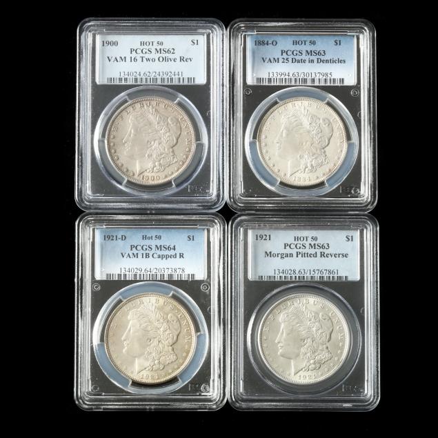 four-4-pcgs-graded-vam-hot-50-morgan-silver-dollars