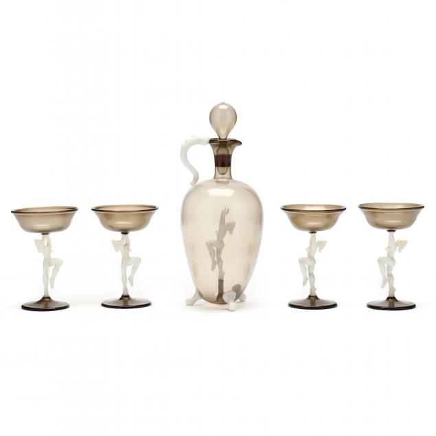 attributed-to-fritz-lampl-figural-glass-decanter-and-four-stems