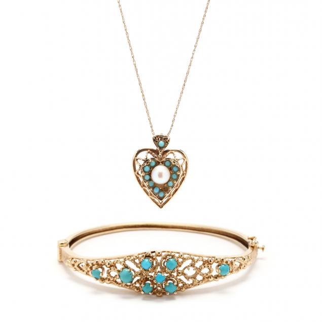 turquoise-bangle-bracelet-and-a-heart-motif-necklace