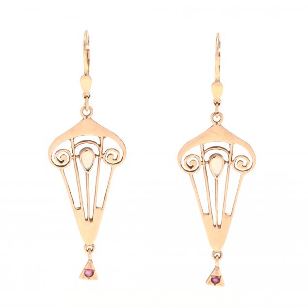 pair-of-art-nouveau-style-gold-opal-and-ruby-earrings