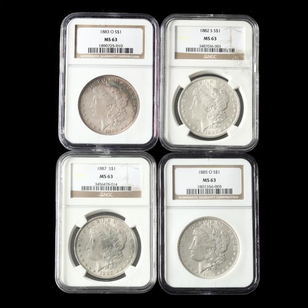 four-attractive-morgan-silver-dollars-graded-ms63-by-ngc