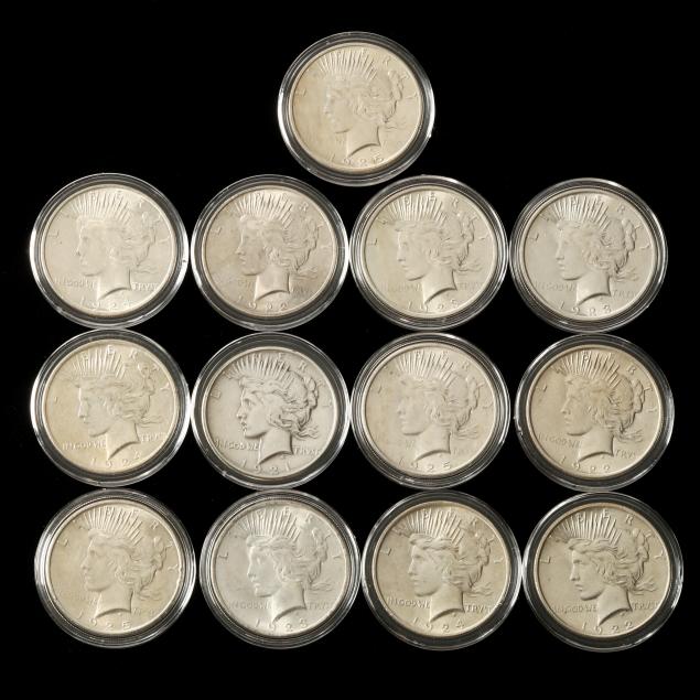 thirteen-13-mixed-date-mint-peace-dollars